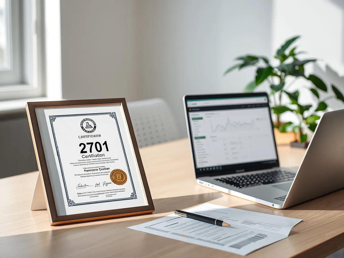 ISO 27001认证证书摆放在办公桌上，旁边是笔记本电脑显示安全仪表盘
